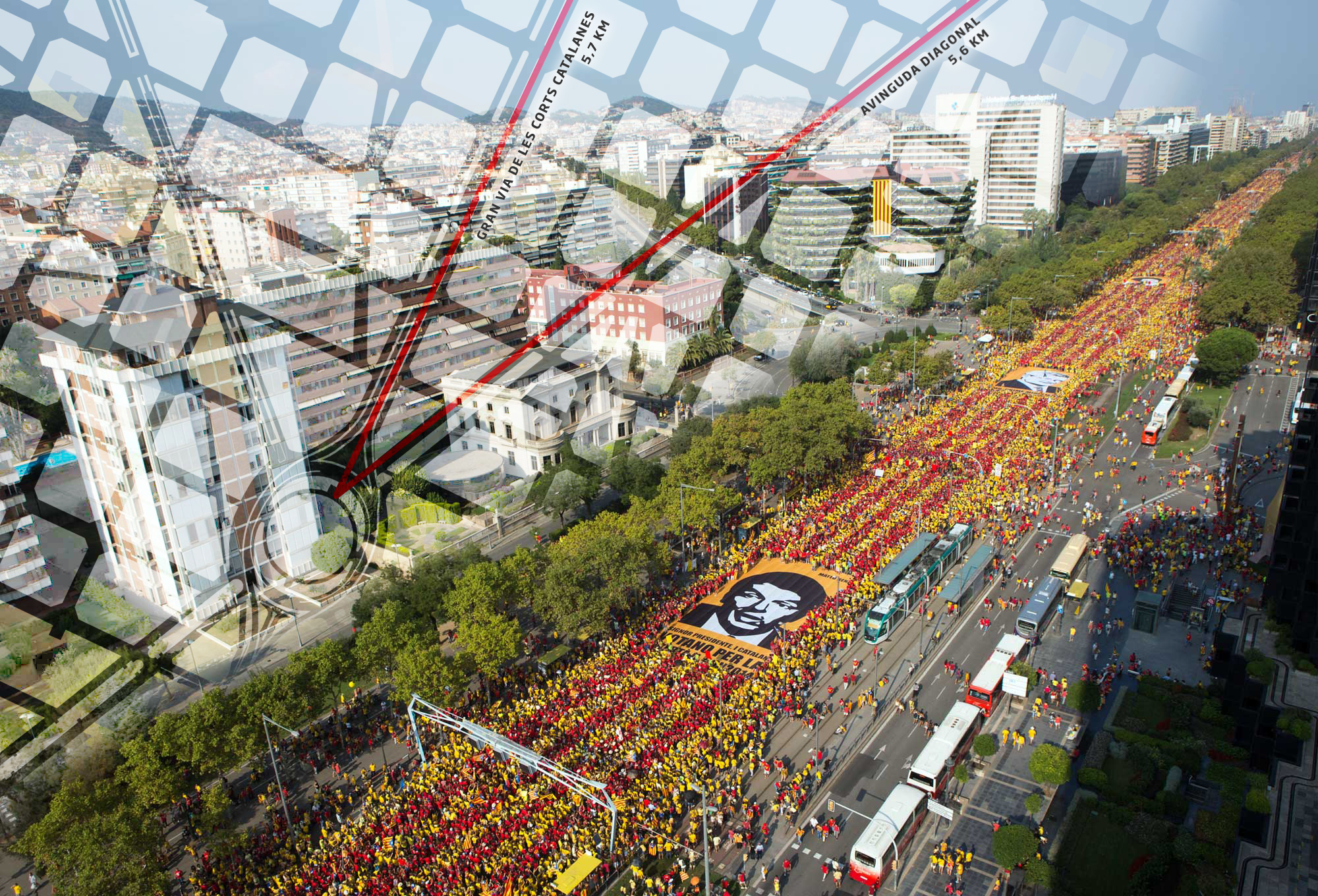 Le 11 septembre 2014, une multitude de Catalans ont formé un V de voter et de victoire, et ont rempli avec une mosaïque humaine les deux principales artères de Barcelone : la Diagonale et la Gran Via. 