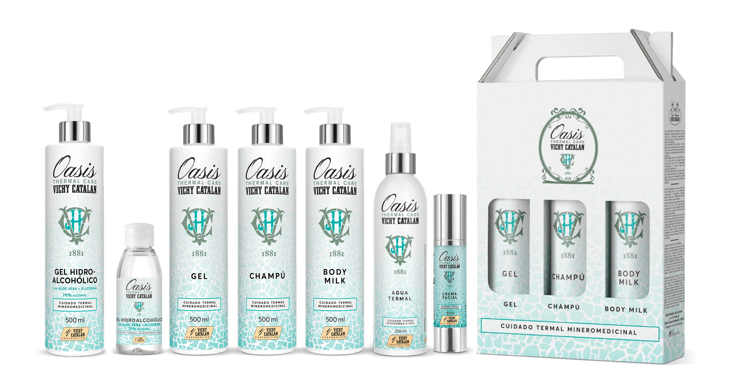 The complete range of Oasis thermal care, the new personal care line